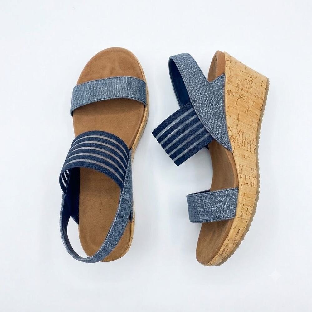 Skechers Beverlee Cali Wedge Heel Sandals Comfort Navy Blue Slingback Womens 6